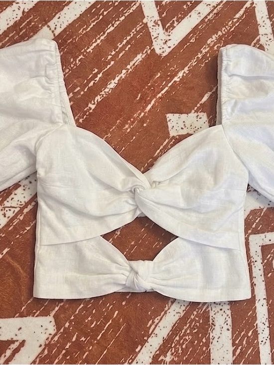 Reformation White Puff-Sleeve Double Knot Crop Top - Picture 2 of 2